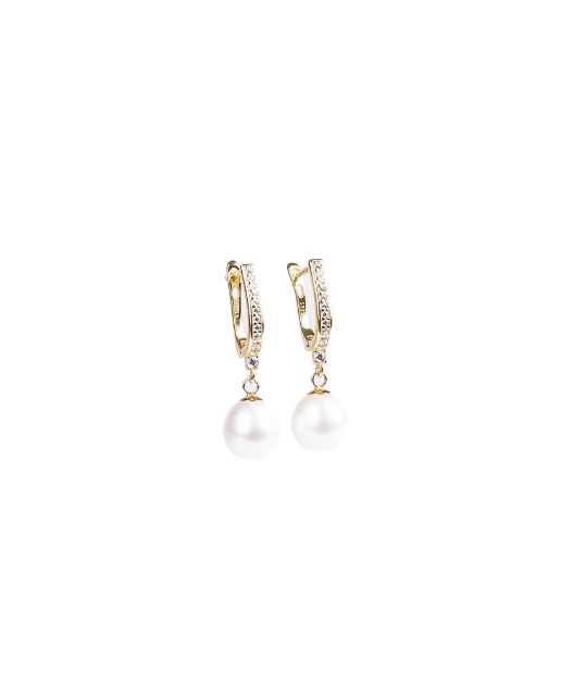 Orecchini con perla pendente su cerchio dorato con pavé di zirconi - immagine 2